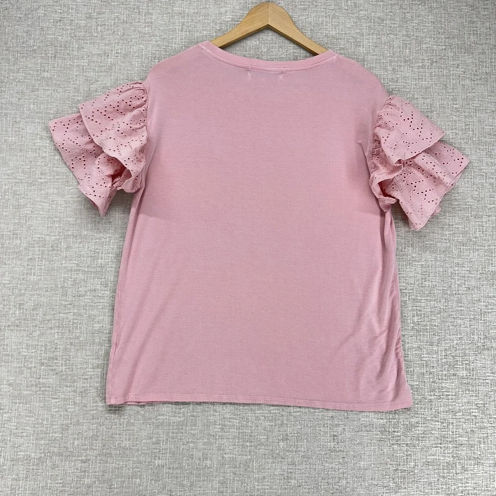 Kelly Renée Shirt Womens Large Pink Eyelet Ruffle Flutter Sleeve Knit Top - Picture 3 of 9